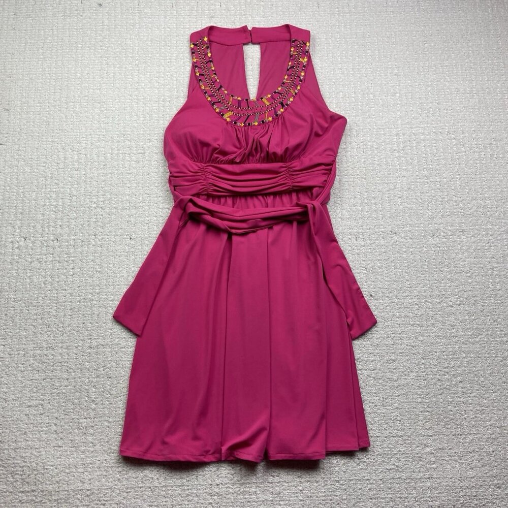 Pink Sleeveless Fit & Flare Cocktail Dress Embellished Scoop Neck Ruched Read
